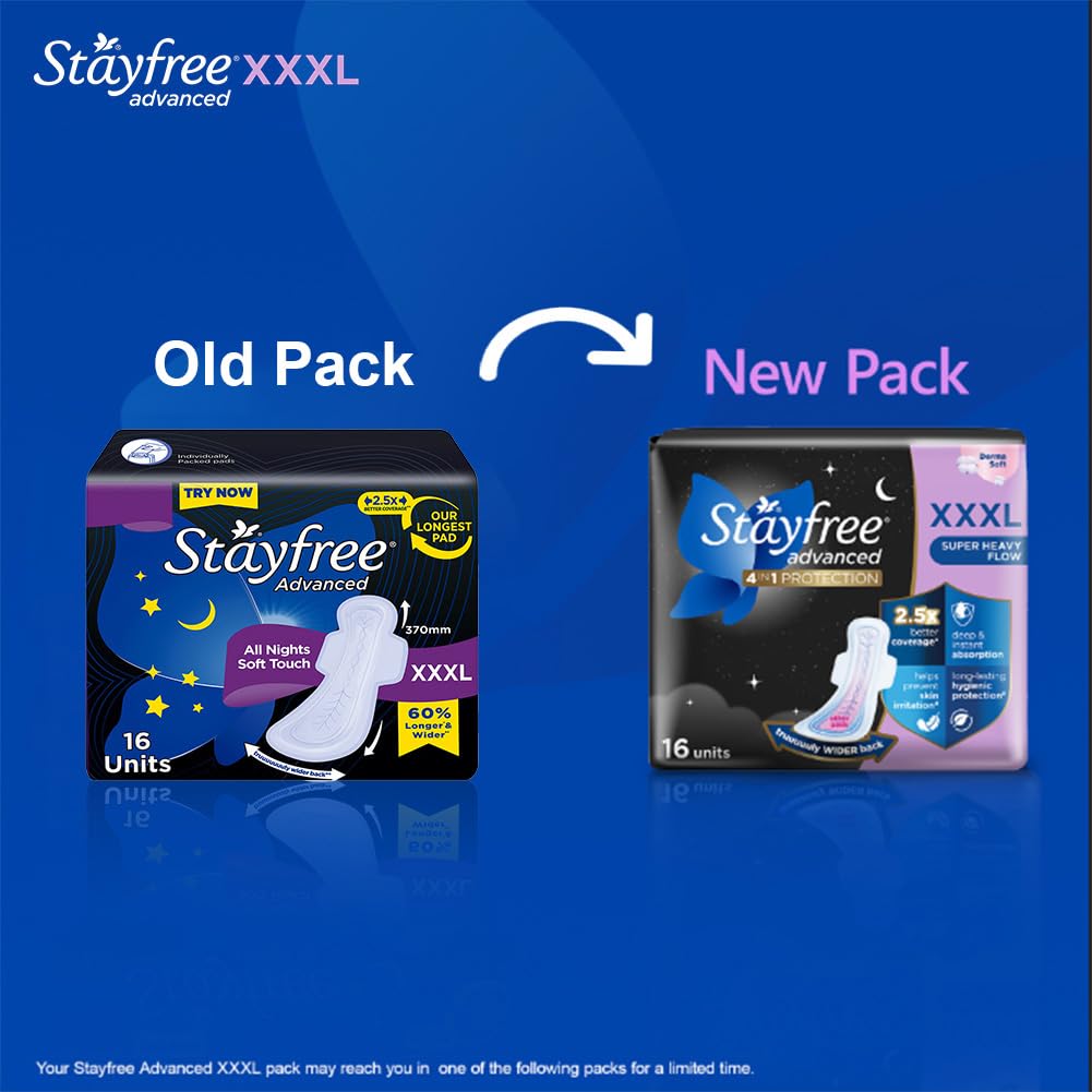 Stayfree Advanced XXXL Thin Sanitary Pads for Women | 16 Soft Cotton Pads for All Night Ultra Comfort
