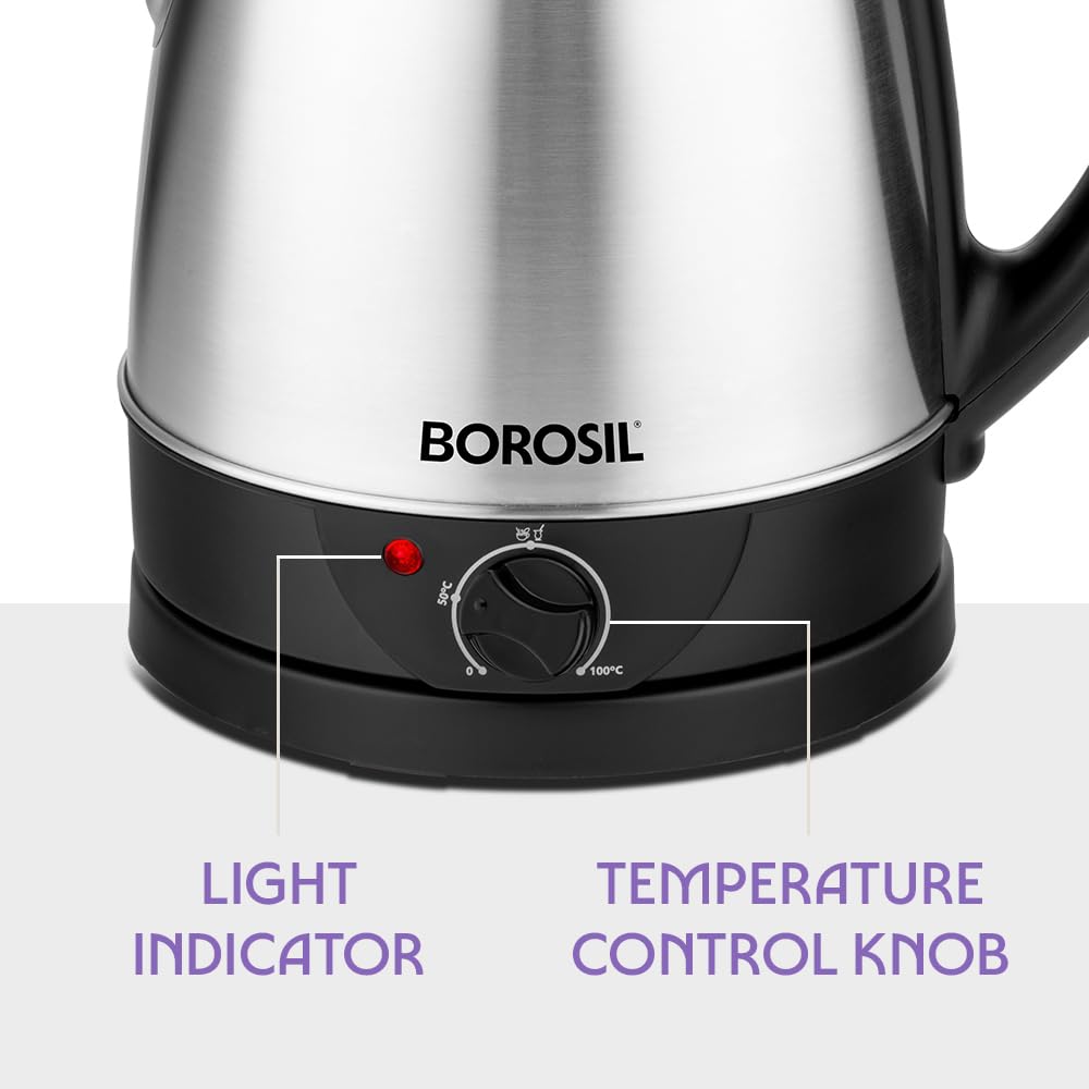 Borosil 1.5L Boiluxe Variable Temperature Stainless Steel Electric Kettle | Made in India | Cool Touch Handle | 360° Rotating Base | Auto Cut-Off | Dry Boil Protection | 1 Year Warranty