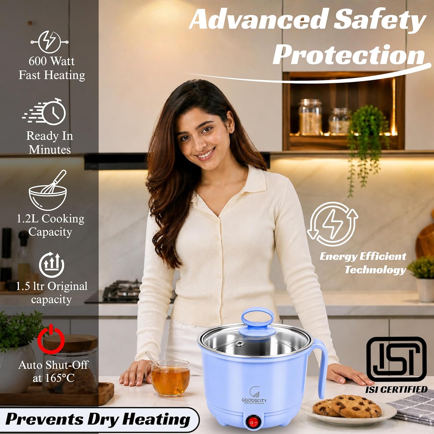 GOODSCITY Electric 3-in-1 Multipurpose Kettle 1.5L | Stainless Steel Pot with Steamer & Egg Tray | 600W Multi Cooker Electric Kettle, Steam & Boil Veggies, Tea, Coffee, Baby food | 1 Year Warranty