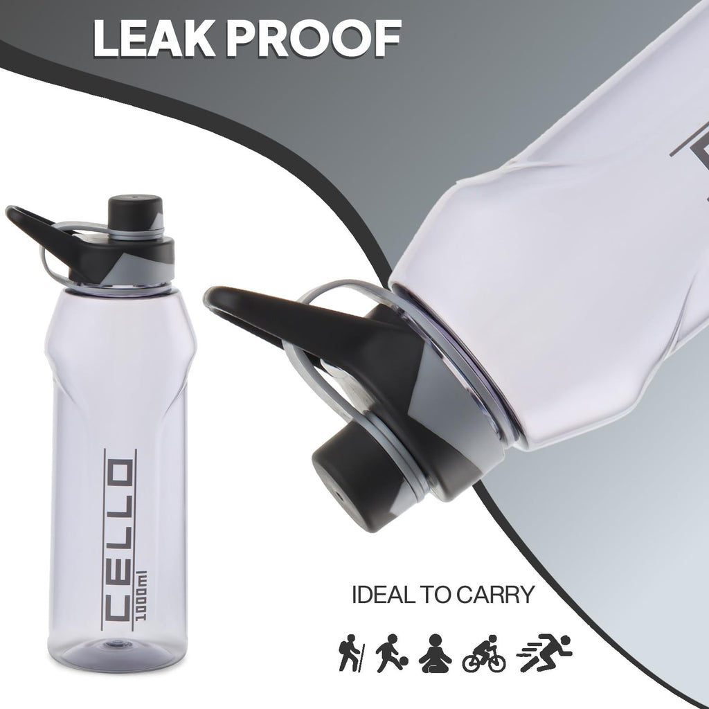 CELLO Fitbe Flip Cap Water Bottle For Daily Use 1000 ml, Black Grey | BPA Free, Reusable & Unbreakable Leakproof Lightweight Easy to Carry with Handle PET Water Bottle For Gym Office Indoor & Outdoor