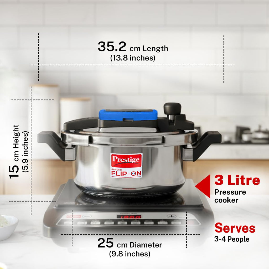 Prestige 3Litre Stainless Steel Flip On Pressure Cooker with Glass Lid|Deep lid for spillage control|Innovative Lock Lid with single hand operation|Gas & Induction Compatible|5Y warranty|ISI Certified