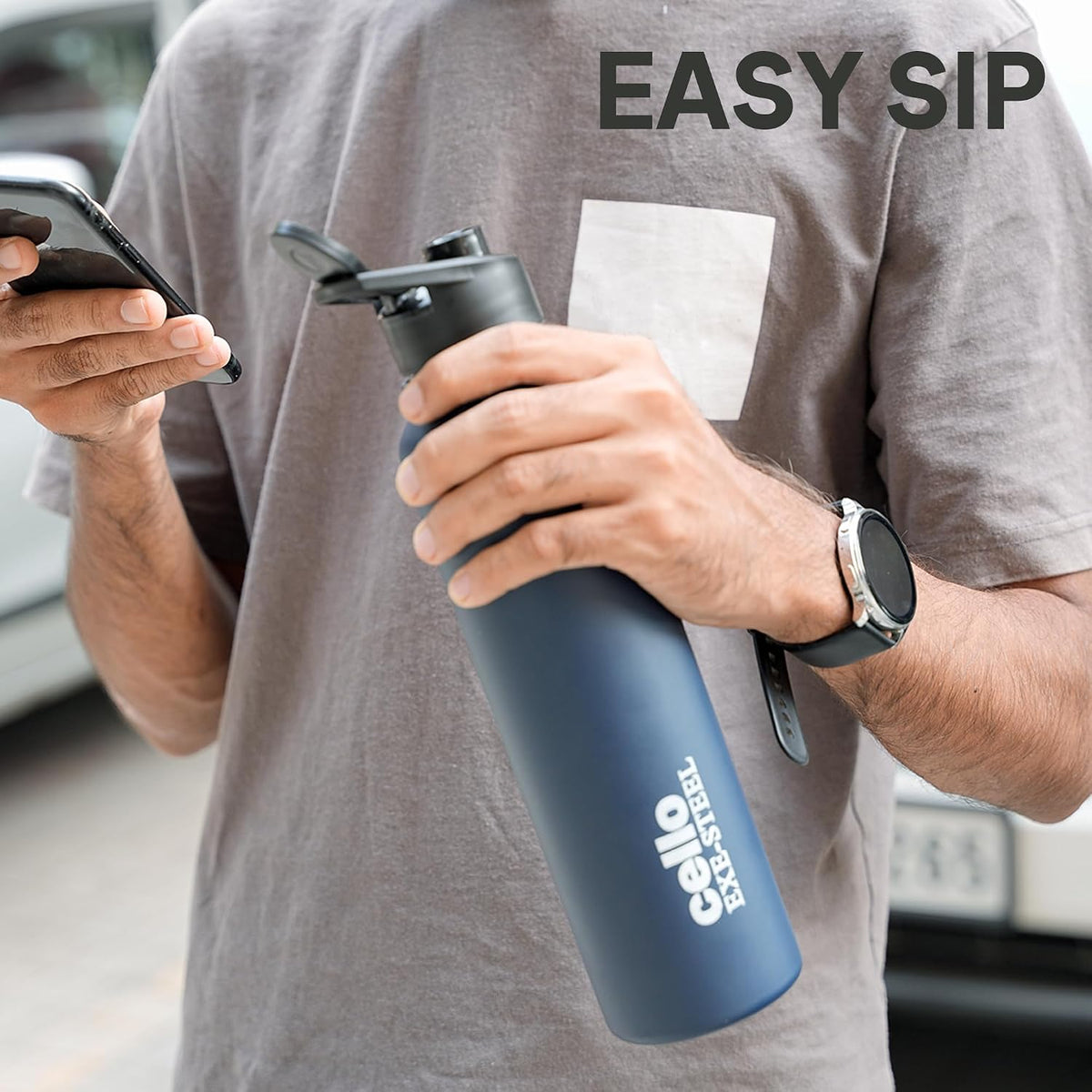 CELLO Crysta Flip Stainless Steel Water Bottle 1000 ml, Navy Blue | Single Wall Freezer & Fridge Safe Lightweight Leakproof Flip lid Spillproof Rust Resistant Steel Water Bottle for School Gym Office