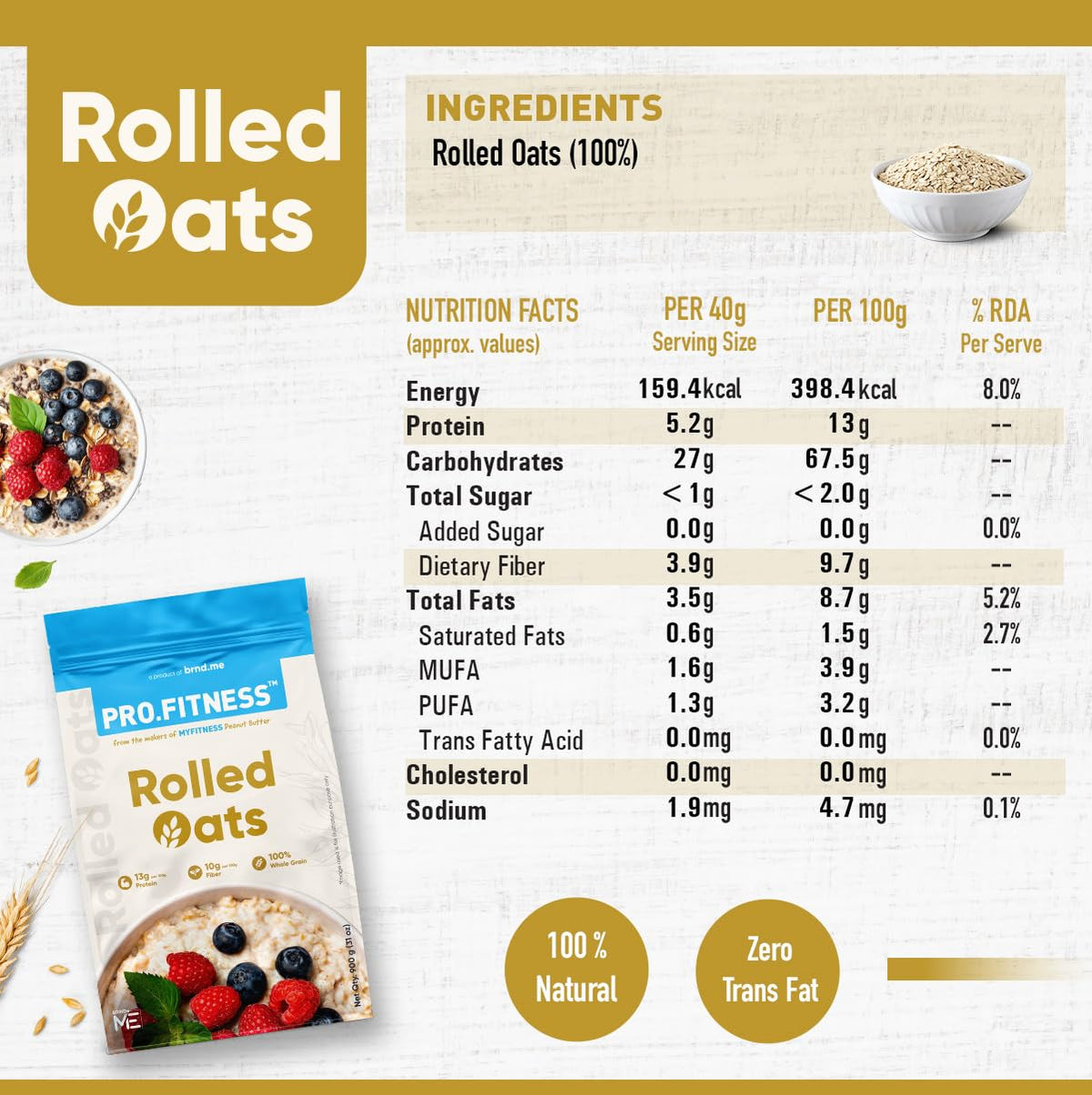 PRO.FITNESS Rolled Oats 900g |100% Wholegrain Premium Rolled Oats | 13g Protein & 10g Rich in Fiber | Nutritious & Healthy Breakfast Cereal (Pack of 3)