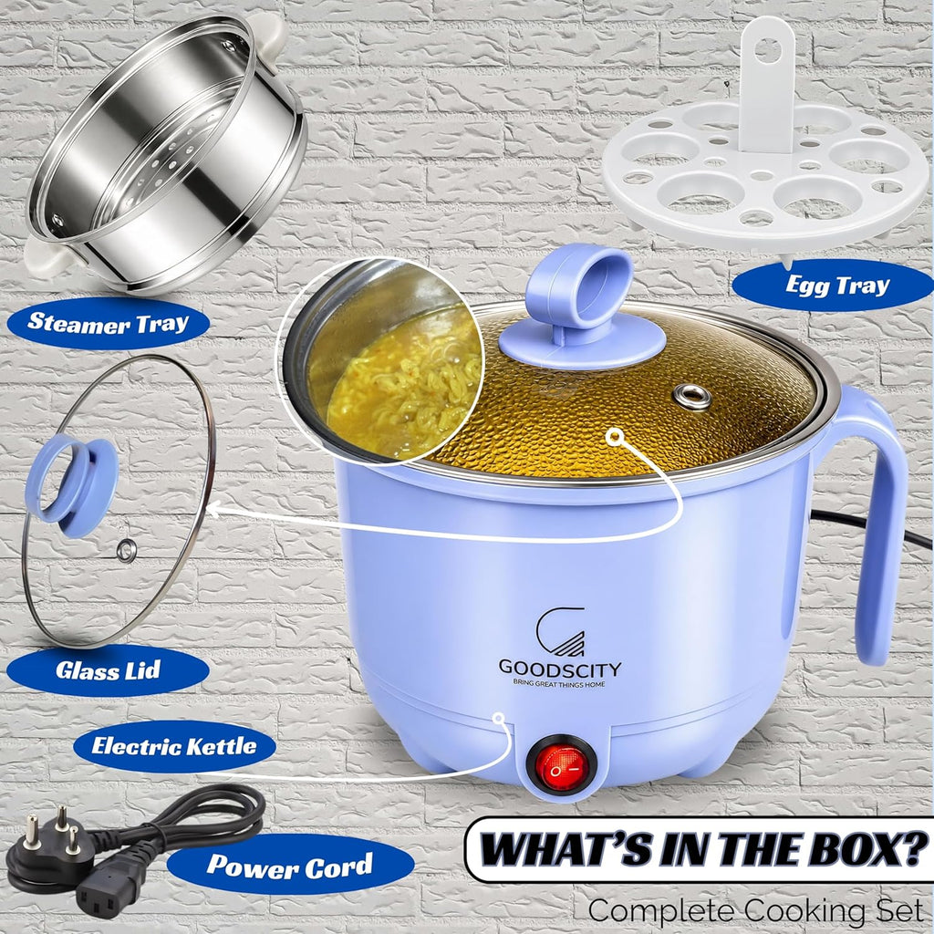GOODSCITY Electric 3-in-1 Multipurpose Kettle 1.5L | Stainless Steel Pot with Steamer & Egg Tray | 600W Multi Cooker Electric Kettle, Steam & Boil Veggies, Tea, Coffee, Baby food | 1 Year Warranty