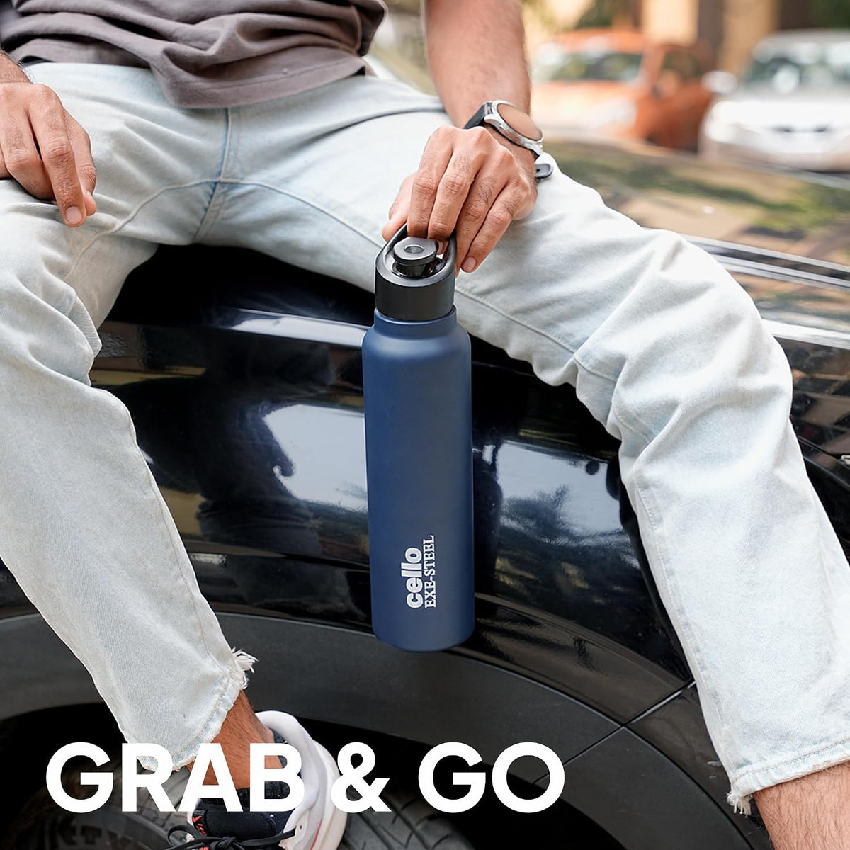 CELLO Crysta Flip Stainless Steel Water Bottle 1000 ml, Navy Blue | Single Wall Freezer & Fridge Safe Lightweight Leakproof Flip lid Spillproof Rust Resistant Steel Water Bottle for School Gym Office