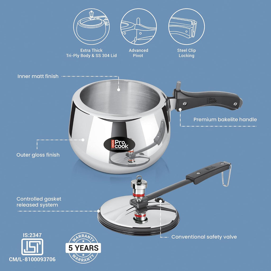 Milton Pro Cook Induction Cookware & Gas Stove Friendly Triply Stainless Steel Curve Pressure Cooker with Inner Lid 3 Litre | Gasket Release System |...