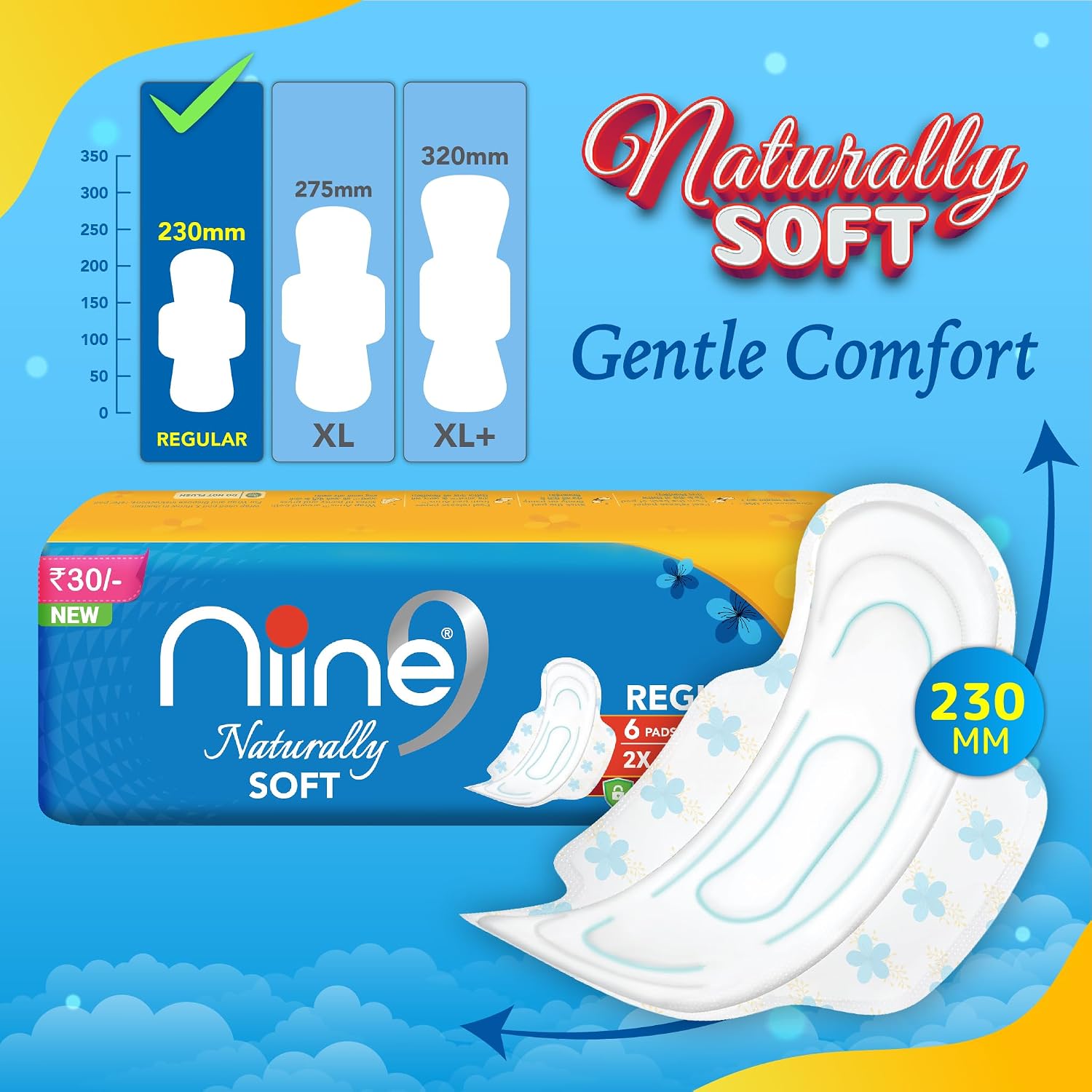 NIINE Naturally Soft Regular Sanitary Napkins for women|230mm Long| Extra Soft & Cottony for Rash Control|2x Absorption|Anti-Leak Lock Protection |Super Saver Pack|(Pack of 4) 72 Pads