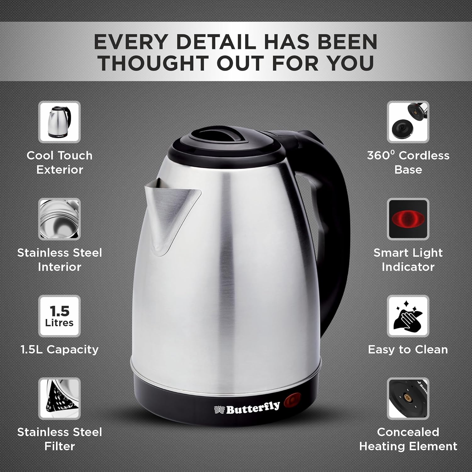 Butterfly Evo Pro 1.5L Electric Kettle | 1350 W | 360 degree Swivel Power Base | Auto Shut Off | For Hot Water, Tea, Coffee, Noodles | Dry Boil Protection