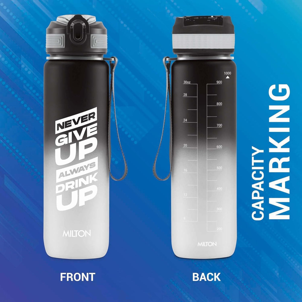 MILTON Gen'Z Water Bottle 1 ltr (Stay Strong), Motivational Water Bottles With Leak Proof Flip-Top Cap & Capacity Mark, Gym Bottle Sipper Water Bottle For Adults, Plastic, Black