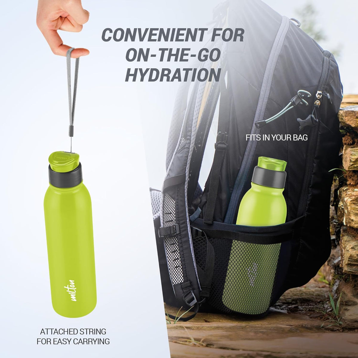 MILTON Caper 1000 Stainless Steel Water Bottle 870 ml, Single Walled, ISI Certified I Leak Proof Lid, Rust Proof I For School, Office, Gym I Neon Green