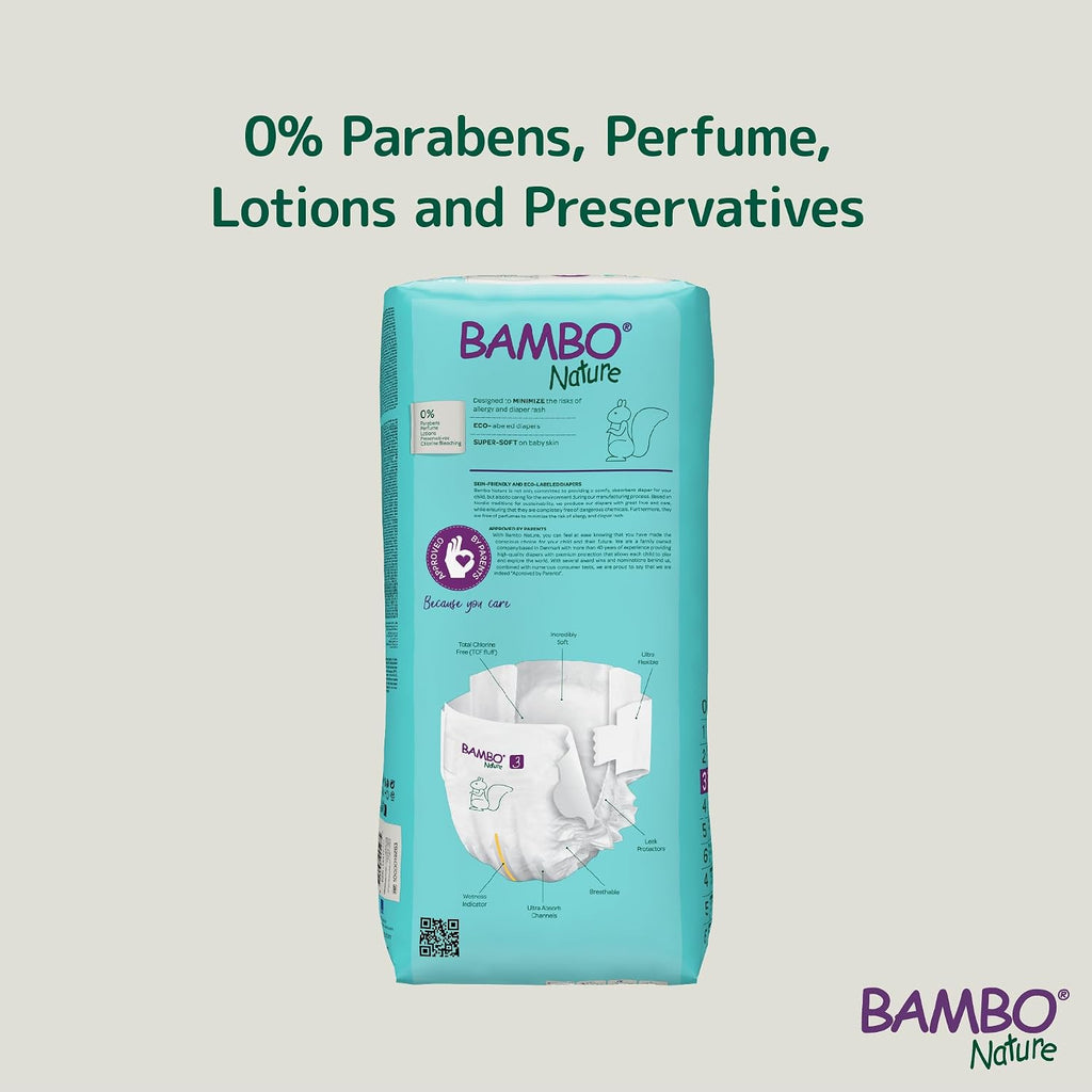 Bambo Nature Premium Baby Tape Diapers for Baby Medium Size (4-8 Kgs) - Super Absorbent, Breathable, Extra Soft, Dermatologically Tested, Hypoallergenic Infant Nappies With Wetness Indicator, 52 Count