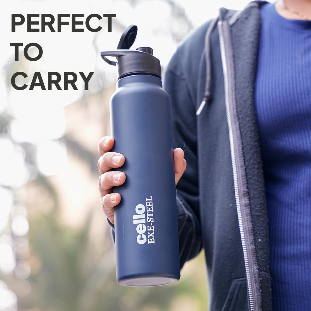 CELLO Crysta Flip Stainless Steel Water Bottle 1000 ml, Navy Blue | Single Wall Freezer & Fridge Safe Lightweight Leakproof Flip lid Spillproof Rust Resistant Steel Water Bottle for School Gym Office