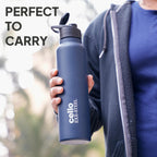 CELLO Crysta Flip Stainless Steel Water Bottle 1000 ml, Navy Blue | Single Wall Freezer & Fridge Safe Lightweight Leakproof Flip lid Spillproof Rust Resistant Steel Water Bottle for School Gym Office