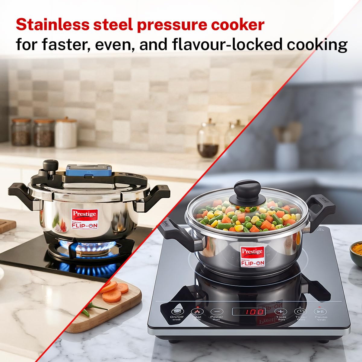 Prestige 3Litre Stainless Steel Flip On Pressure Cooker with Glass Lid|Deep lid for spillage control|Innovative Lock Lid with single hand operation|Gas & Induction Compatible|5Y warranty|ISI Certified