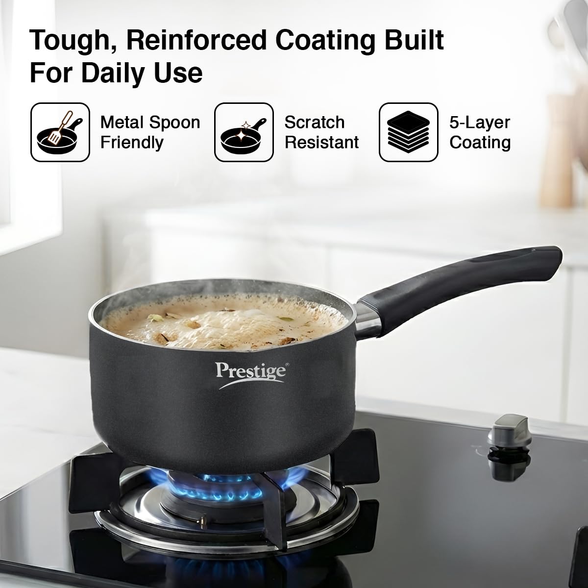 Prestige Omega Deluxe Granite Milk Pan 18 Cm with Lid, 2.25 L (Aluminium),Non-Stick, 2.25 Liter