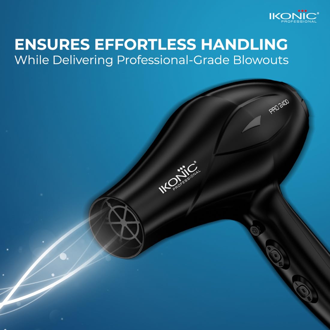 Ikonic Professional Pro 2400 Hair Dryer For Women & Men, 2200W High-Power Ac Motor, Ionic Hair Dryer With 3 Heat & 2 Speed Settings, Cool Shot, 2 Concentrator Nozzles, Fast Drying, Frizz Control, Black