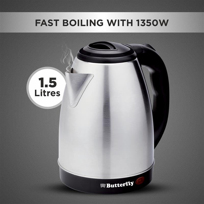 Butterfly Evo Pro 1.5L Electric Kettle | 1350 W | 360 degree Swivel Power Base | Auto Shut Off | For Hot Water, Tea, Coffee, Noodles | Dry Boil Protection