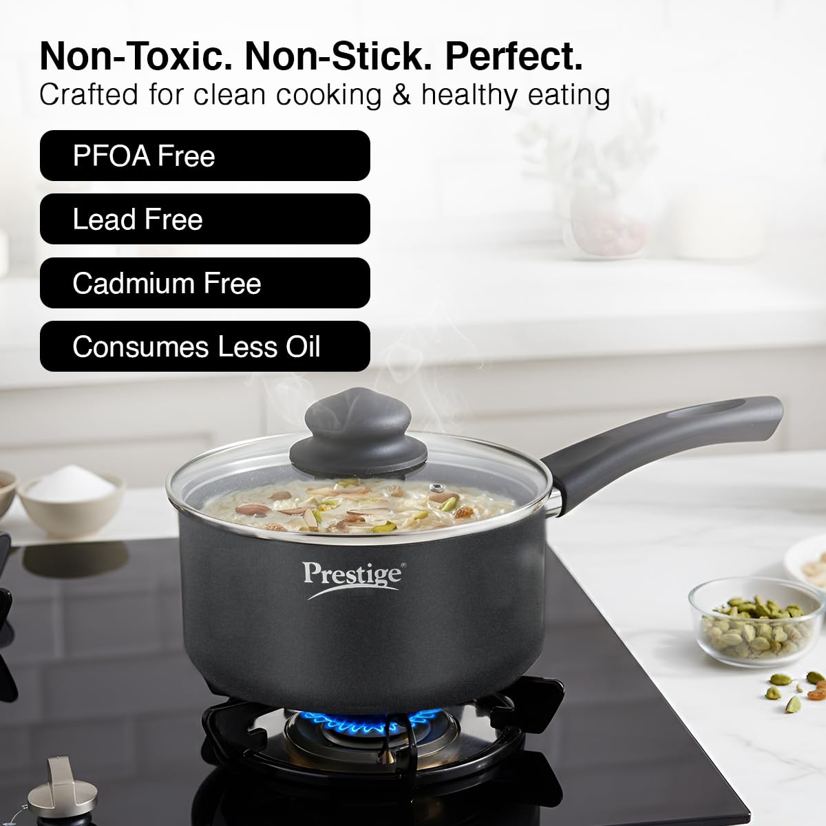 Prestige Omega Deluxe Granite Milk Pan 18 Cm with Lid, 2.25 L (Aluminium),Non-Stick, 2.25 Liter