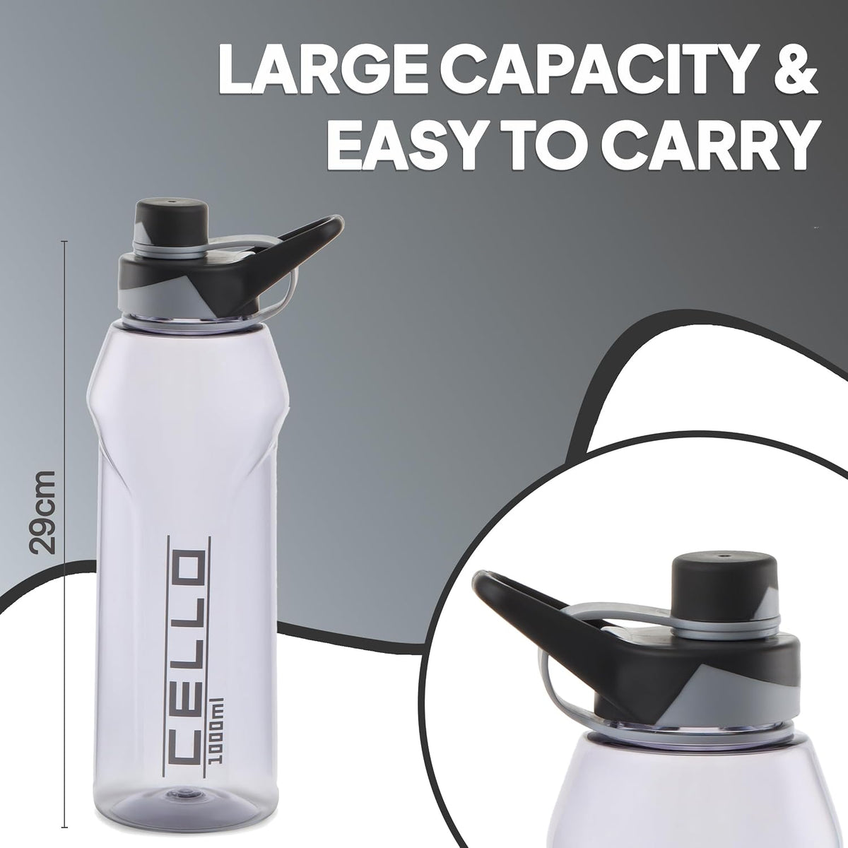 CELLO Fitbe Flip Cap Water Bottle For Daily Use 1000 ml, Black Grey | BPA Free, Reusable & Unbreakable Leakproof Lightweight Easy to Carry with Handle PET Water Bottle For Gym Office Indoor & Outdoor