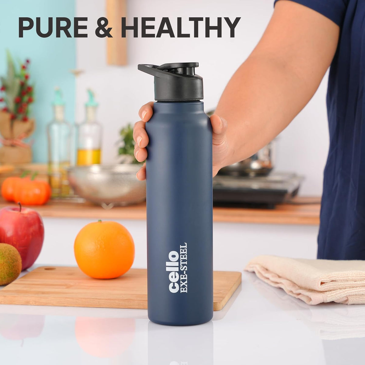 CELLO Crysta Flip Stainless Steel Water Bottle 1000 ml, Navy Blue | Single Wall Freezer & Fridge Safe Lightweight Leakproof Flip lid Spillproof Rust Resistant Steel Water Bottle for School Gym Office