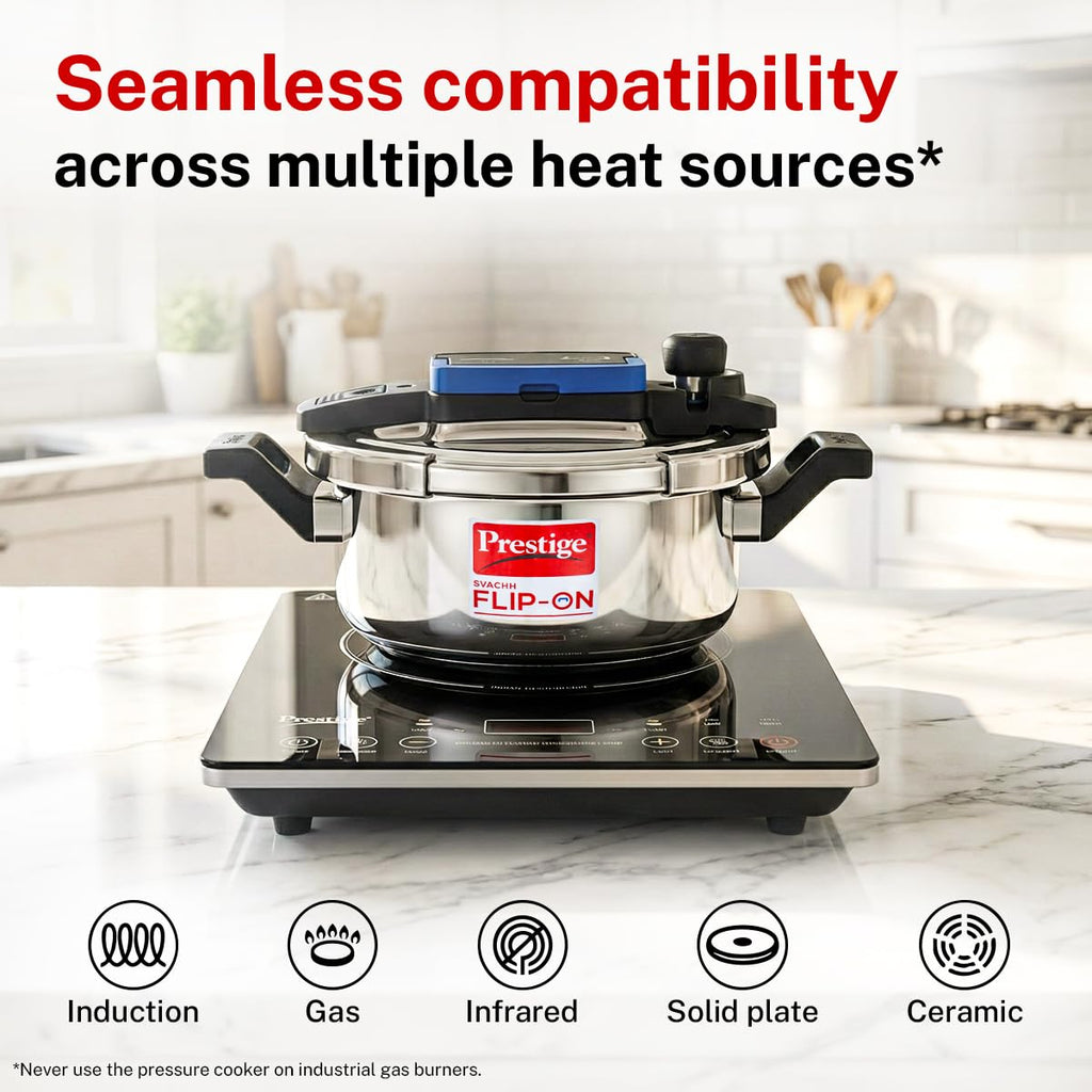Prestige 3Litre Stainless Steel Flip On Pressure Cooker with Glass Lid|Deep lid for spillage control|Innovative Lock Lid with single hand operation|Gas & Induction Compatible|5Y warranty|ISI Certified