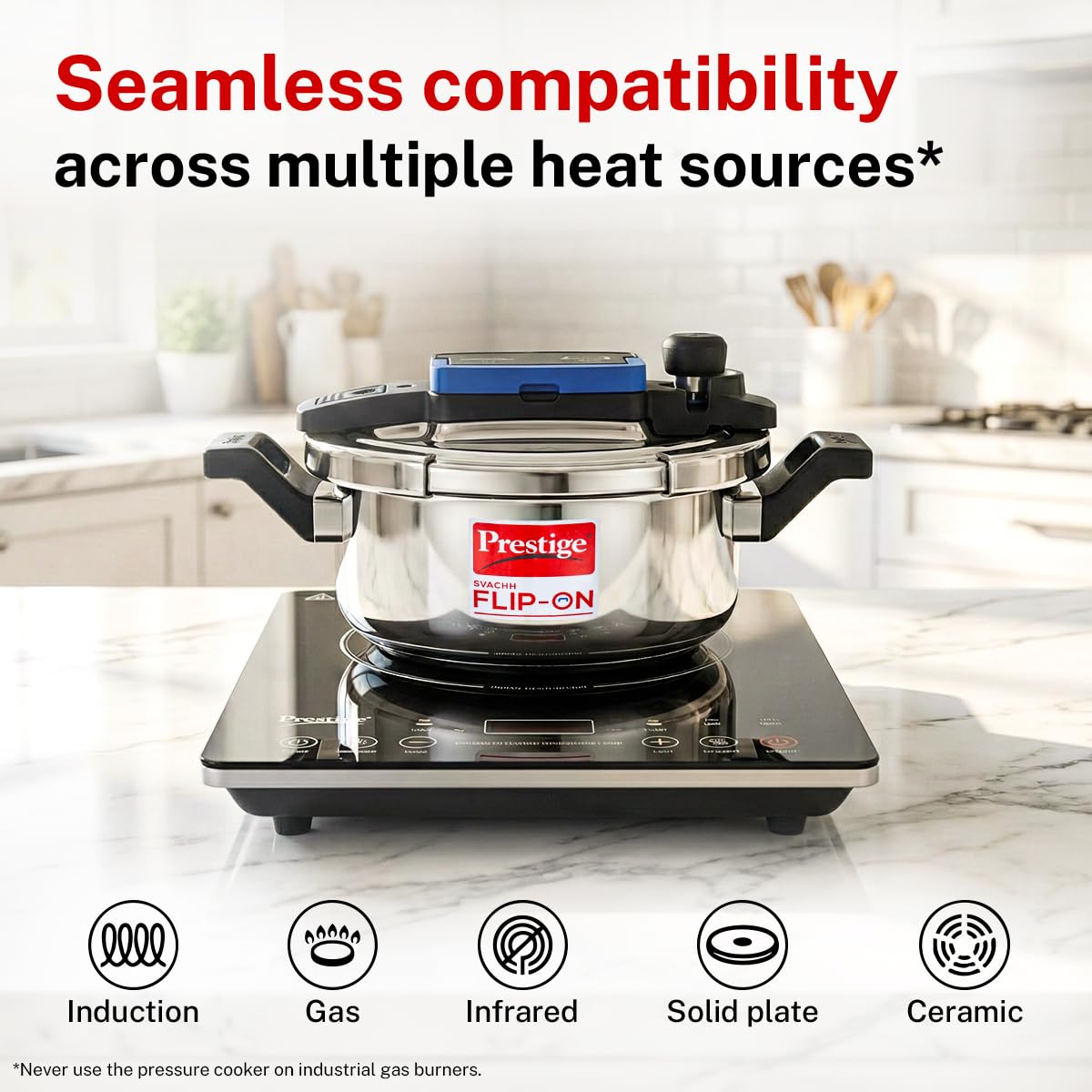 Prestige 3Litre Stainless Steel Flip On Pressure Cooker with Glass Lid|Deep lid for spillage control|Innovative Lock Lid with single hand operation|Gas & Induction Compatible|5Y warranty|ISI Certified
