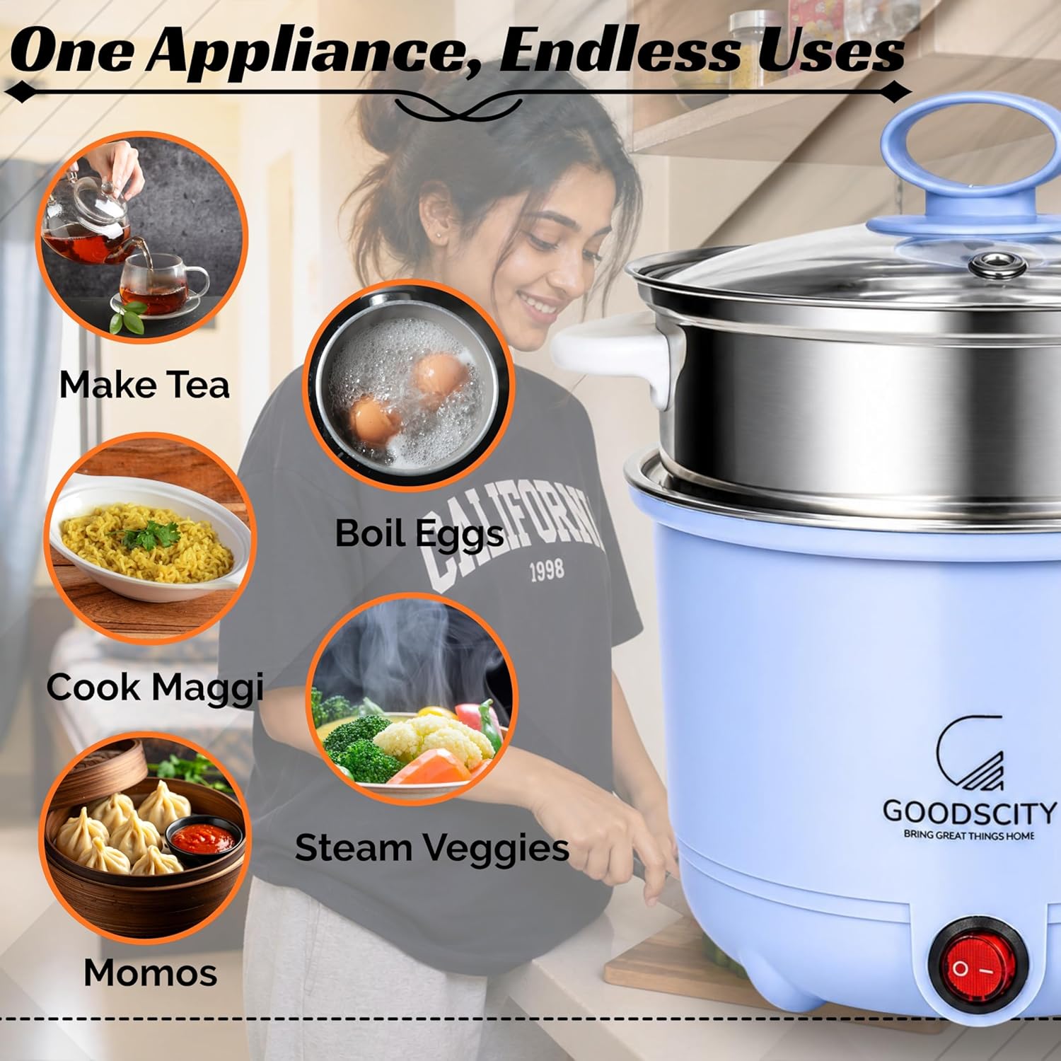 GOODSCITY Electric 3-in-1 Multipurpose Kettle 1.5L | Stainless Steel Pot with Steamer & Egg Tray | 600W Multi Cooker Electric Kettle, Steam & Boil Veggies, Tea, Coffee, Baby food | 1 Year Warranty