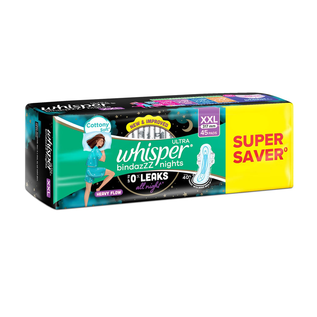 Whisper Bindazzz Nights 15x3 XXL Sanitary Pads, Upto 0% Leaks All Night Long, For Heavy Flow