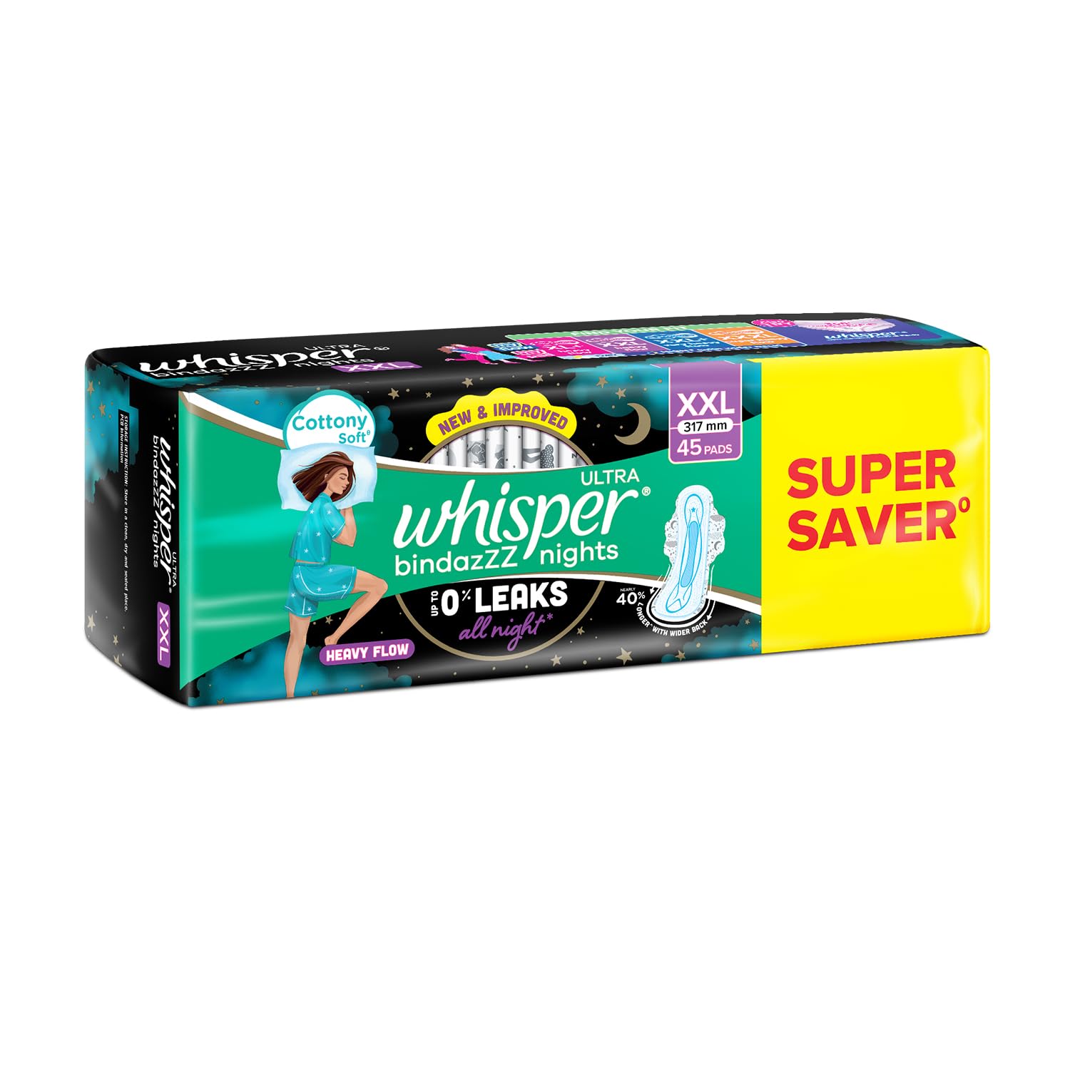 Whisper Bindazzz Nights 15x3 XXL Sanitary Pads, Upto 0% Leaks All Night Long, For Heavy Flow
