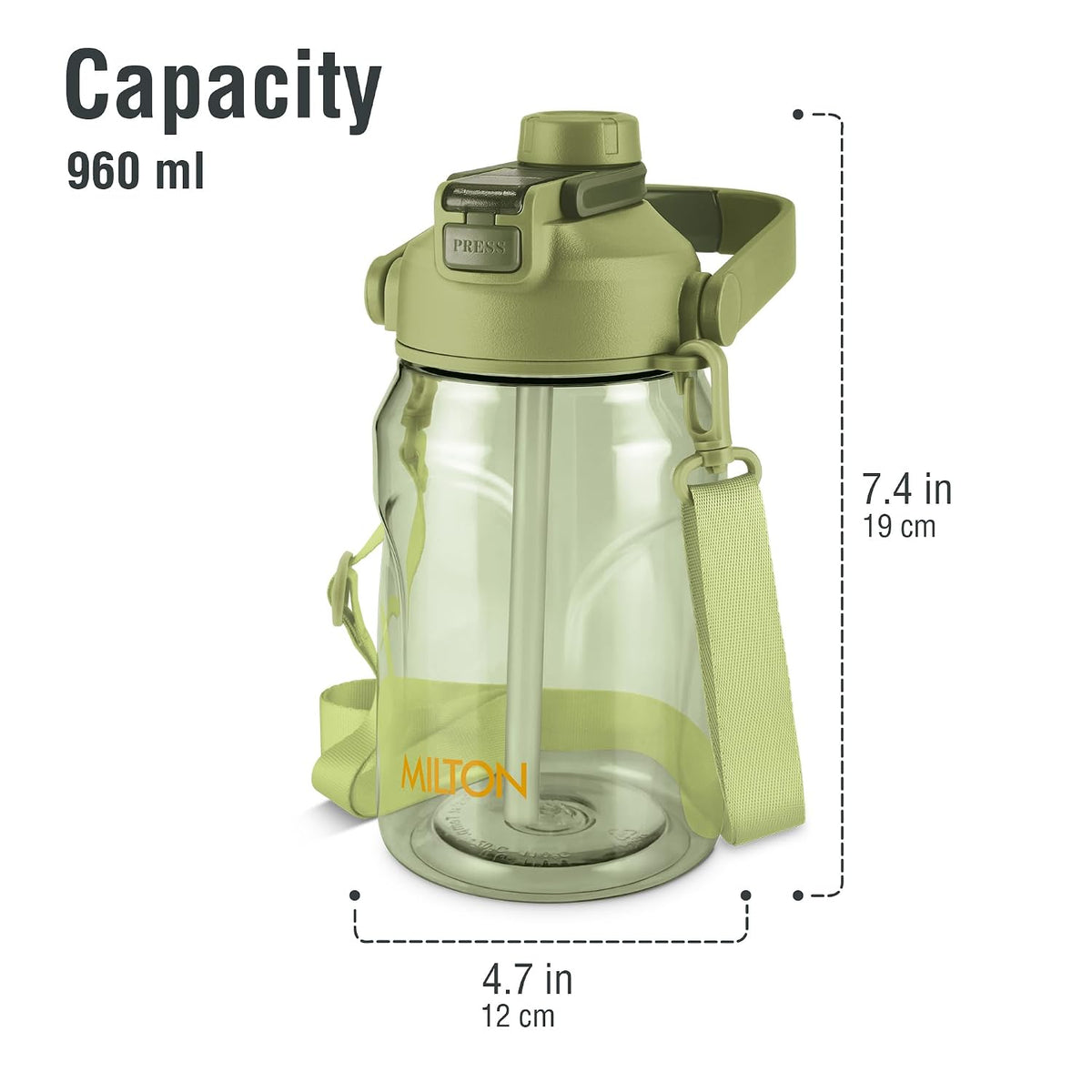 MILTON Eros 1000, 2-in-1 Sip or Gulp Lid Water Bottle 960ml | Unbreakable - Crystal Clear Plastic | Leak-Proof & BPA-Free, One-Click Open | Ideal for School, Office, Gym & Travel Use, Military Green