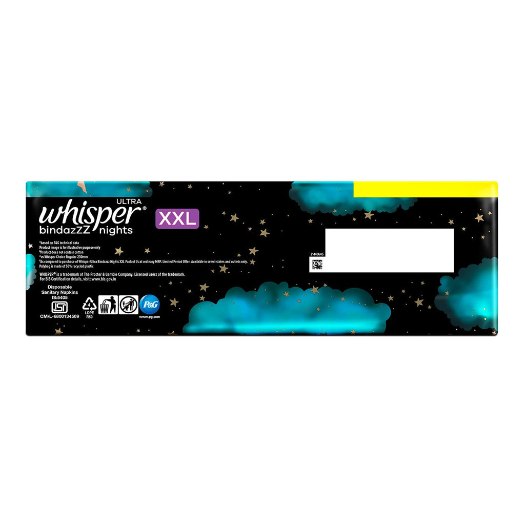 Whisper Bindazzz Nights 15x3 XXL Sanitary Pads, Upto 0% Leaks All Night Long, For Heavy Flow