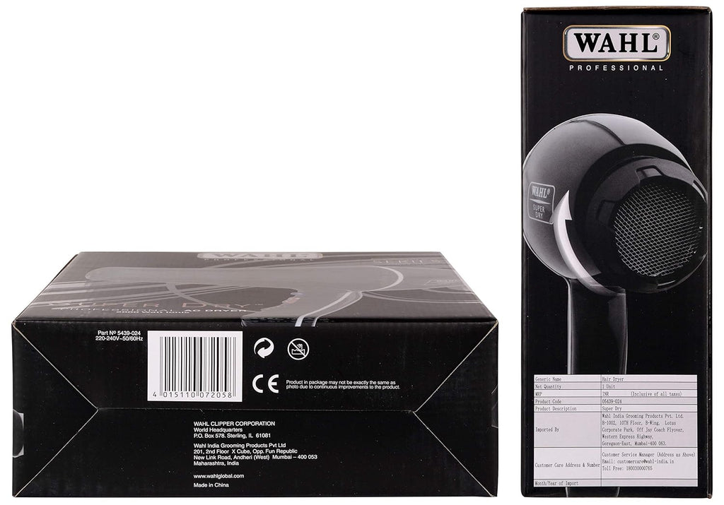 WAHL 5439-024 Super Dry Professional 2000 Watts Ionic Hair Dryer with Tourmaline Technology, 3 Heat Settings & 2 Speed Settings & Cool Shot Button - Black