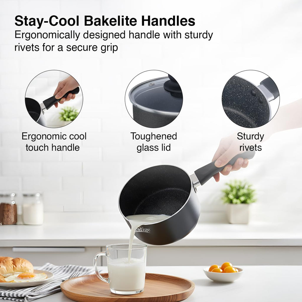 Prestige Omega Deluxe Granite Milk Pan 18 Cm with Lid, 2.25 L (Aluminium),Non-Stick, 2.25 Liter
