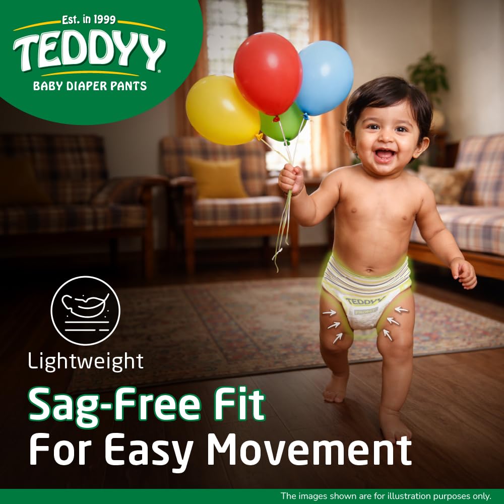 TEDDYY Easy Baby L Size Diaper Pant Style | 62 Count (Large) | 9–14 kg (Pack of 1) | Long Protection Hours | Anti-Bacterial | Airy Breathable Fit | Rapid Soaker Channels & Wetness Indicator