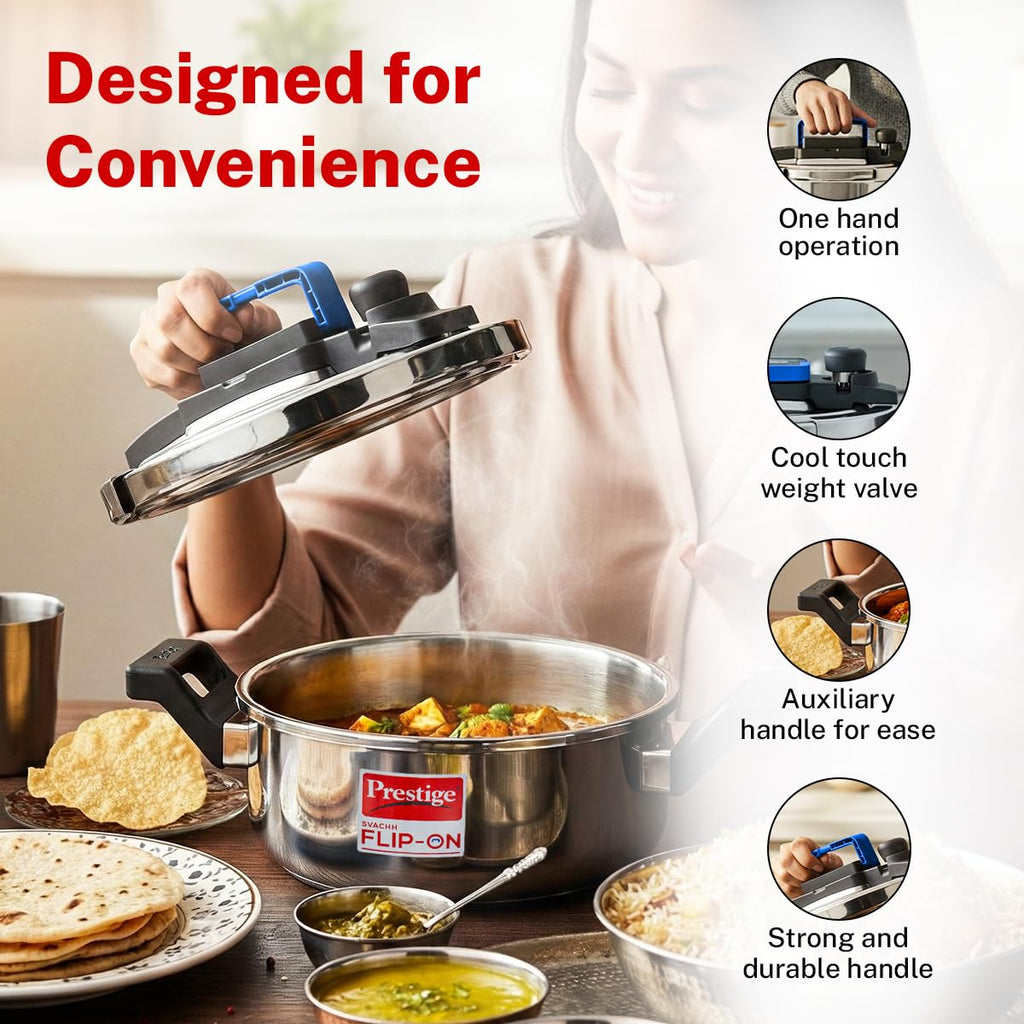 Prestige 3Litre Stainless Steel Flip On Pressure Cooker with Glass Lid|Deep lid for spillage control|Innovative Lock Lid with single hand operation|Gas & Induction Compatible|5Y warranty|ISI Certified