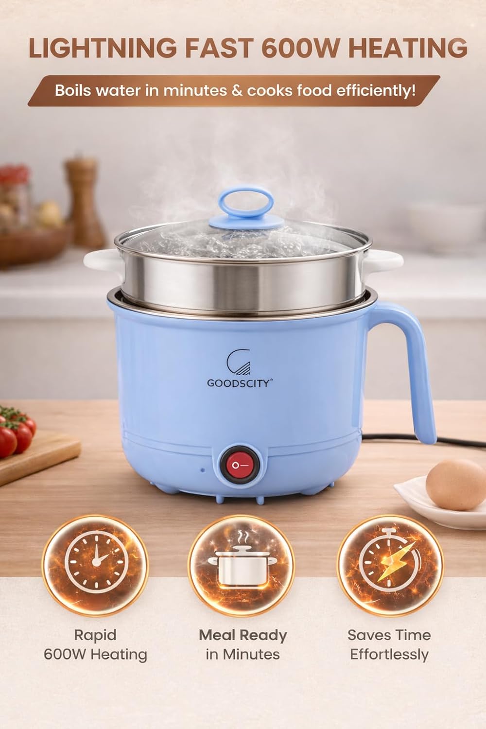 GOODSCITY Electric 3-in-1 Multipurpose Kettle 1.5L | Stainless Steel Pot with Steamer & Egg Tray | 600W Multi Cooker Electric Kettle, Steam & Boil Veggies, Tea, Coffee, Baby food | 1 Year Warranty