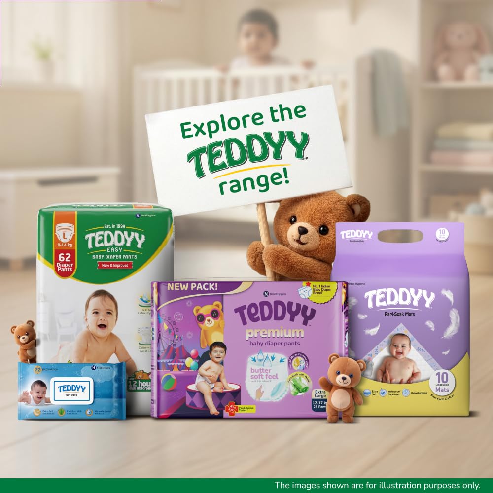 TEDDYY Easy Baby L Size Diaper Pant Style | 62 Count (Large) | 9–14 kg (Pack of 1) | Long Protection Hours | Anti-Bacterial | Airy Breathable Fit | Rapid Soaker Channels & Wetness Indicator