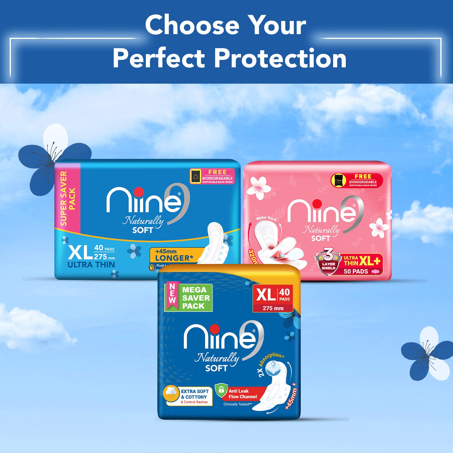 NIINE Naturally Soft Regular Sanitary Napkins for women|230mm Long| Extra Soft & Cottony for Rash Control|2x Absorption|Anti-Leak Lock Protection |Super Saver Pack|(Pack of 4) 72 Pads