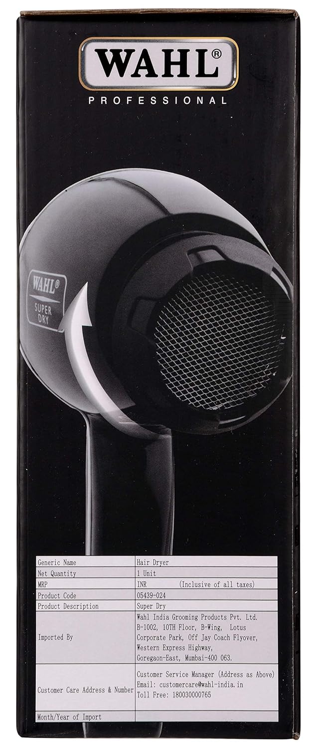 WAHL 5439-024 Super Dry Professional 2000 Watts Ionic Hair Dryer with Tourmaline Technology, 3 Heat Settings & 2 Speed Settings & Cool Shot Button - Black