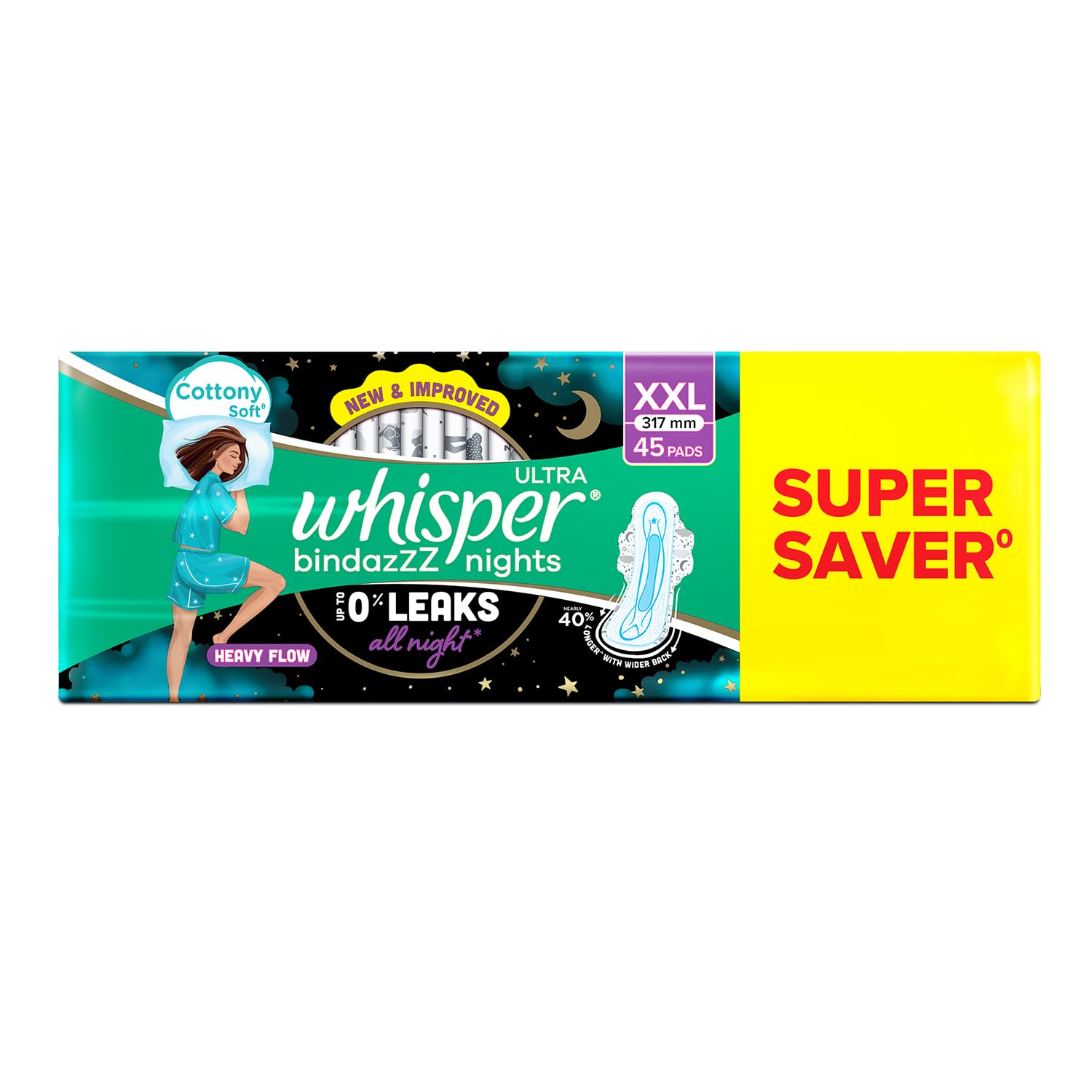 Whisper Bindazzz Nights 15x3 XXL Sanitary Pads, Upto 0% Leaks All Night Long, For Heavy Flow
