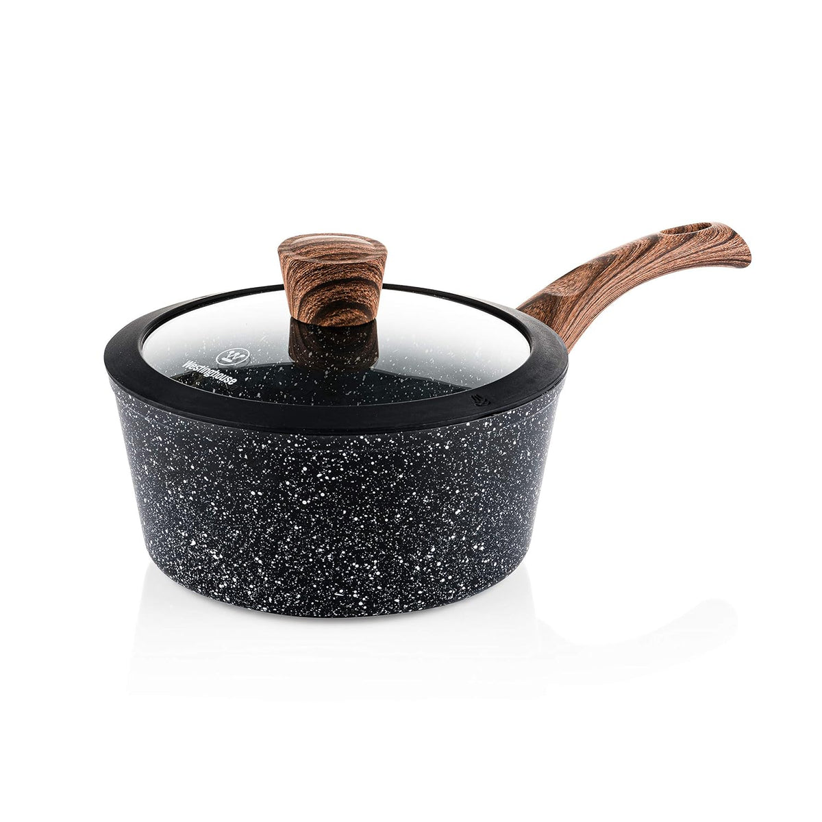 Westinghouse Black Marble Series Non Stick Saucepan 20 cm with Glass Lid,3-Layer Marble Coating,Forged Aluminium,Riveted Handles with Silicone Coating in Wood Look,Dishwasher Safe,Black,2.4 Liters