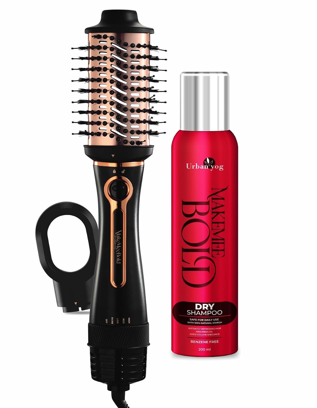 Urban yog Makemeebold 3-In-1 Hot Air Brush 1200Watts + Dry Shampoo Spray 200 Ml | Instant Hair Refresh, Volumizer & Styler |Quick Drying, Straightening & Volumizing