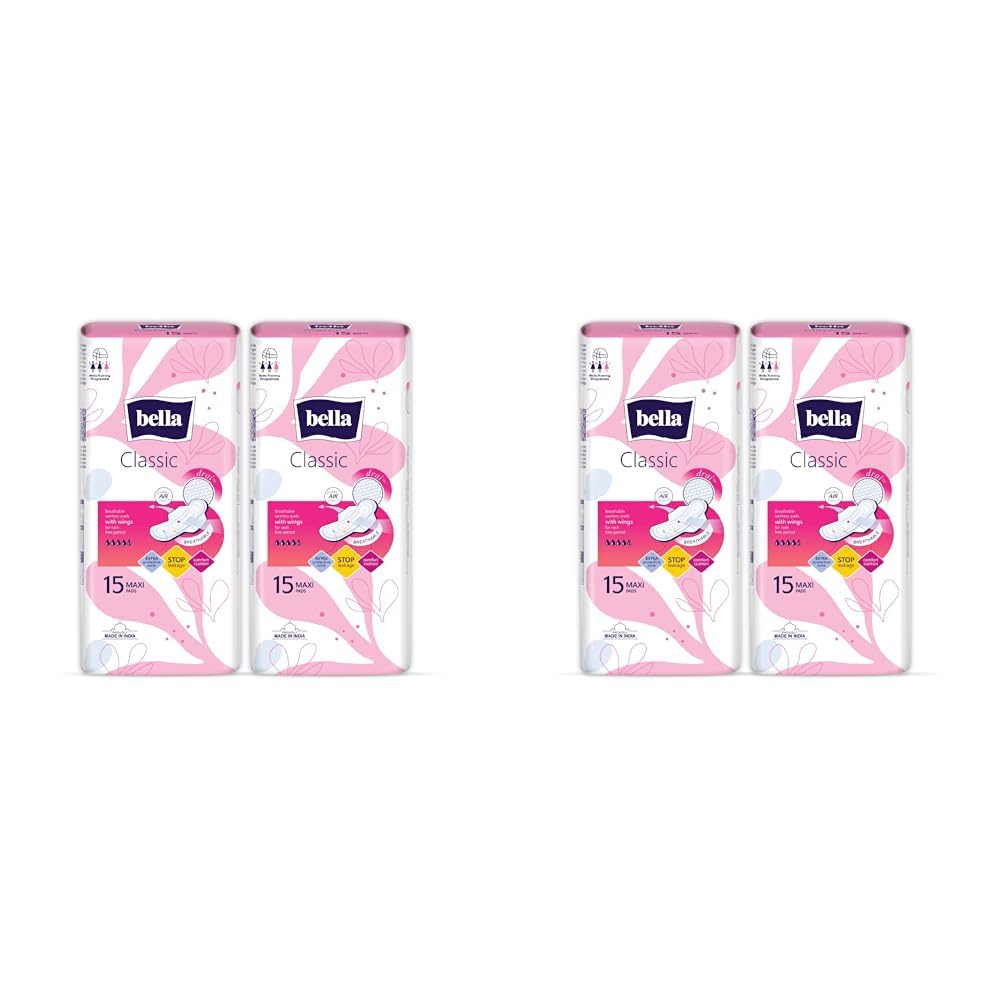 Bella Classic Maxi Drai Pads For Women | Sanitary Napkins | Drai Topsheet | 28 Cm Long | With Wings Extra Protective Zone | For Rash Free Period | Comfort Cussion | Pack Of 4 | 15 Pcs Each