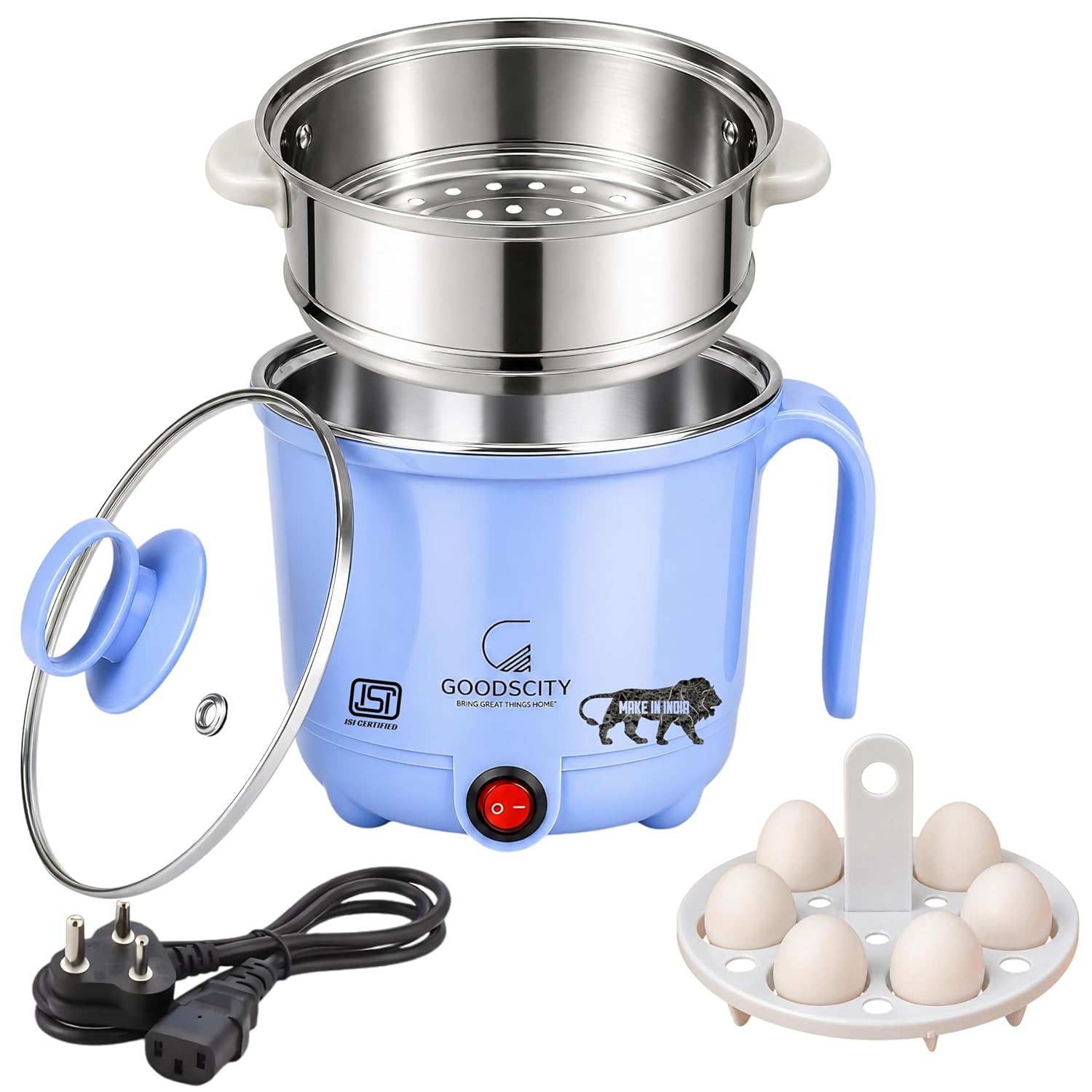 GOODSCITY Electric 3-in-1 Multipurpose Kettle 1.5L | Stainless Steel Pot with Steamer & Egg Tray | 600W Multi Cooker Electric Kettle, Steam & Boil Veggies, Tea, Coffee, Baby food | 1 Year Warranty