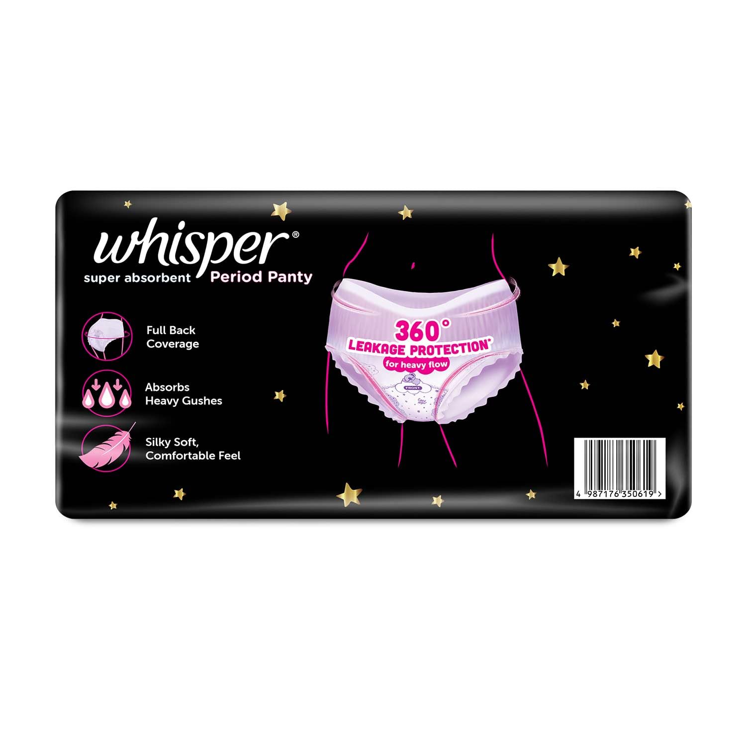 Whisper Super Absorbent Period Panty, 12 L-XL Pants, 360 Degree Leakage Protection* for Heavy Flow, Panty like Fit, Full back Coverage, Absorbs Heavy Gushes, Silky Soft, Comfortable Feel