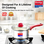 Prestige Platina Popular Stainless Steel Gas and Induction Compatible Sauce Pan with Glass Lid, 140 mm