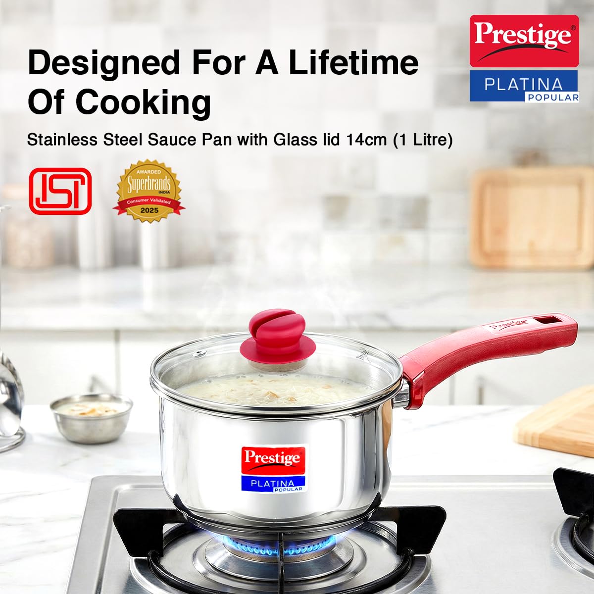 Prestige Platina Popular Stainless Steel Gas and Induction Compatible Sauce Pan with Glass Lid, 140 mm