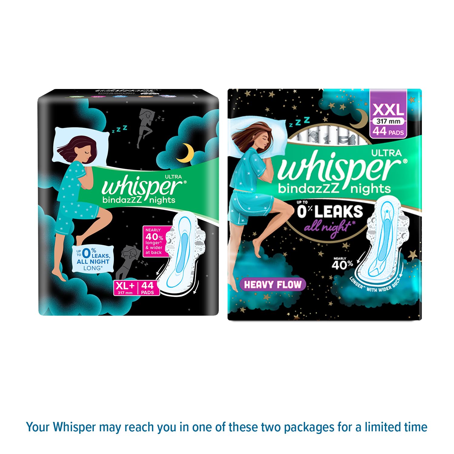 Whisper Bindazzz Nights 44 XXL Sanitary Pads, Upto 0% Leaks All Night Long(Pack of 2)