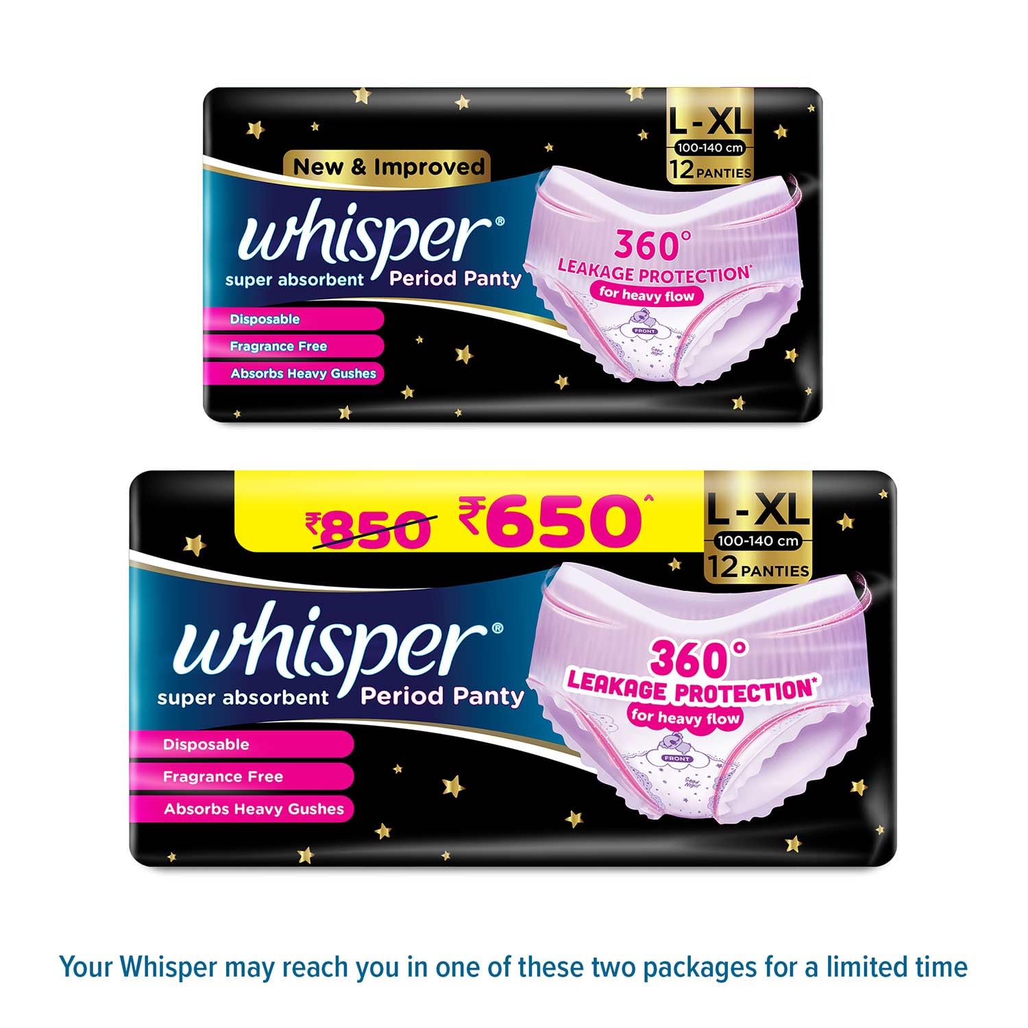 Whisper Super Absorbent Period Panty, 12 L-XL Pants, 360 Degree Leakage Protection* for Heavy Flow, Panty like Fit, Full back Coverage, Absorbs Heavy Gushes, Silky Soft, Comfortable Feel