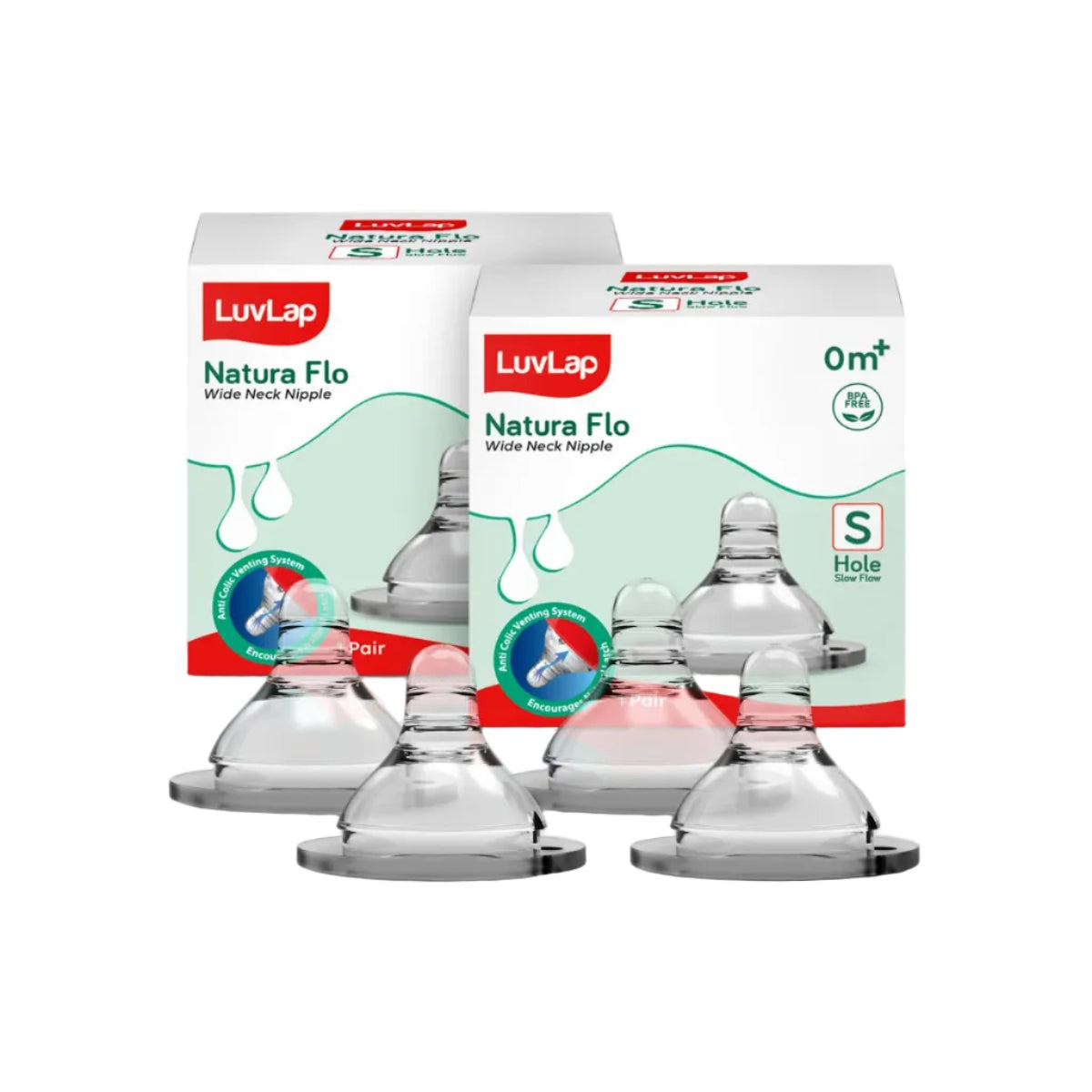 LuvLap Anti-Colic Natura Flo Teat/Nipple for Wide Neck Bottle,4pcs Slow Flow, 0m+, Made of Soft & Flexible Silicone, Ergonomic shape, Mimics breastfeeding, leak proof, BPA Free, comes with sturdy base